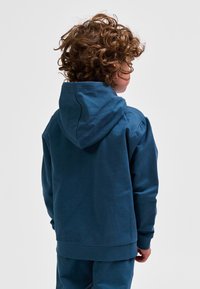 Blauer Baumwoll-Hoodie mit lockerem Schnitt und Kapuze, mit langen Ärmeln und einfarbigem Design, von hinten betrachtet.