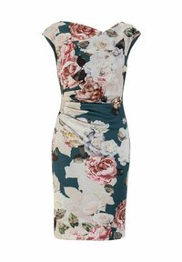 Mouwloze jurk tot op de knie met getailleerde taille, voorzien van grote roze, witte en beige bloemenprint op een donker teal achtergrond.