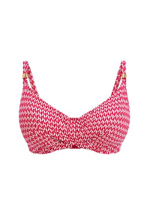 Red bikini top featuring a geometric pattern in white, with adjustable straps and gold hardware accents. Smooth texture and gathered detail at the center.