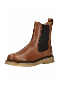 Bottine en cuir marron avec des panneaux élastiques sur les côtés, bout rond et semelle en caoutchouc beige texturé. Fini lisse avec des détails de couture minimalistes.