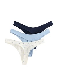 Tre par kvinders stringtrusser: en navy, en lys blå og en creme med blå blomstertryk. Blødt stof og elastiske bånd.
