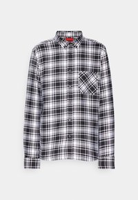 Zwart-wit geruit overhemd met lange mouwen, knoopsluiting aan de kraag, borstzak en contrasterende ruitpatronen in de stof.