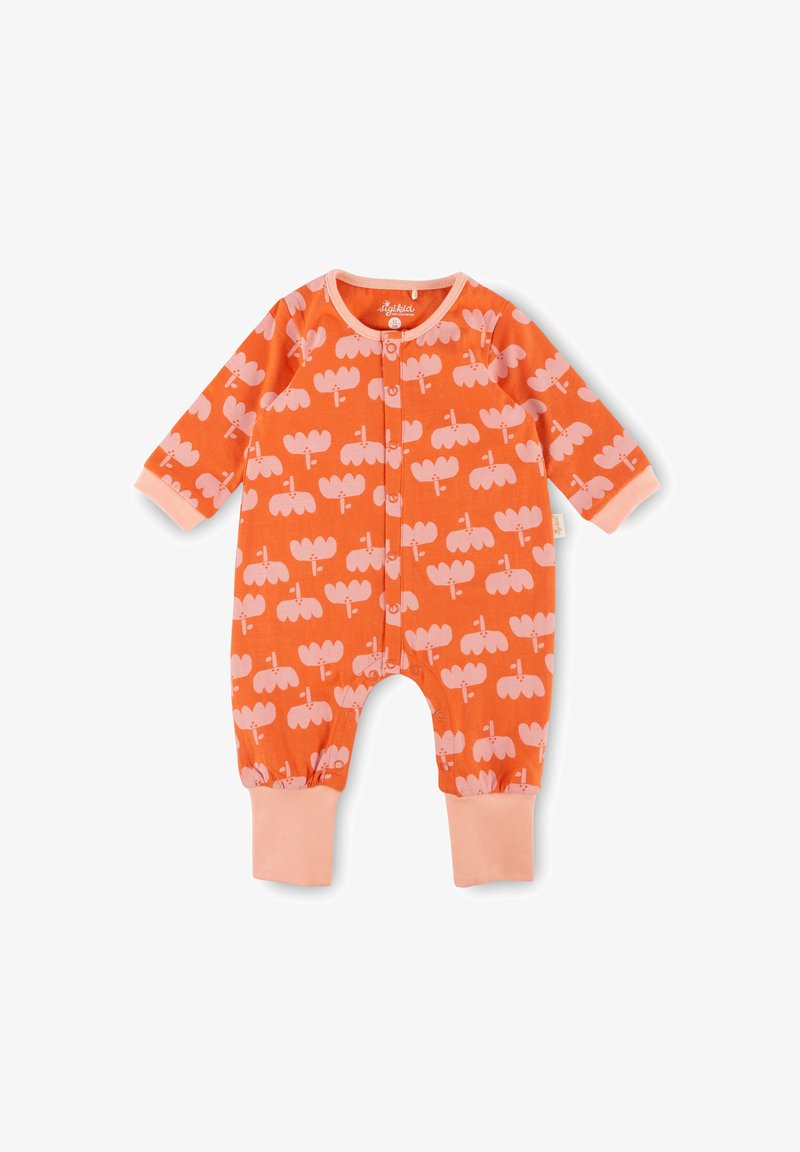 Orangenes Overall mit pinkem abstraktem Blumenmuster, Druckknopfverschluss vorne, langen Ärmeln und gerippten Knöchelabschlüssen. Weiche Baumwollstoff.