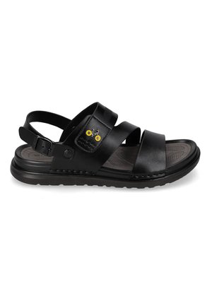 Sandaletto nero da uomo con tre cinturini, un logo giallo di bicicletta sulla fascia centrale e una soletta testurizzata con chiusura a fibbia.