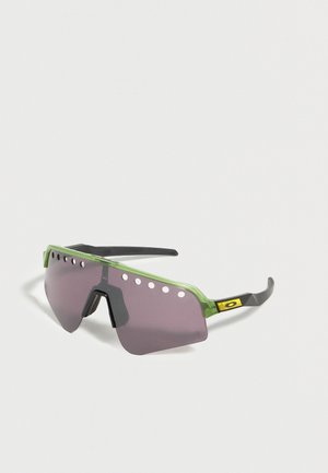 Sporty wraparound sunglasses with tinted purple lenses, green frame top edge, black arms, and ventilation holes along the top edge.