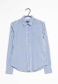 Ljusblå och vit rutmönstrad långärmad skjorta med knappar, klassisk krage och rundad fåll, tillverkad av lättviktsmaterial.
