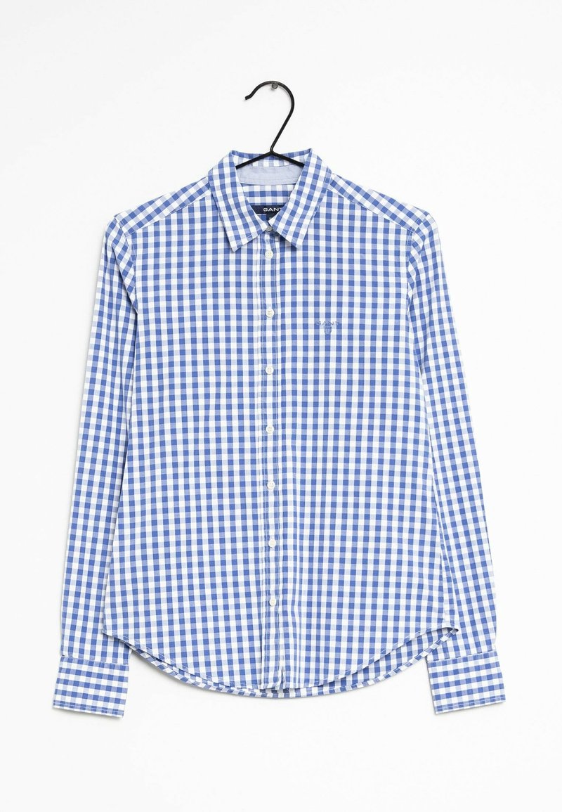 Ljusblå och vit rutmönstrad långärmad skjorta med knappar, klassisk krage och rundad fåll, tillverkad av lättviktsmaterial.