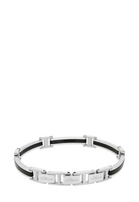 Bracciale in metallo tono argento con inserti neri, maglie rettangolari e dettagli del logo incisi. Texture liscia con finitura lucida.