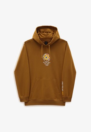 Brauner Kapuzenpullover aus weichem Stoff, mit einem Blumenlogo auf der Brust und dem Text "Off The Wall Est. 1966 Vans" in Weiß und Gelb.