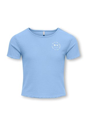 Light blue ribbed short-sleeve crop top with small white smiley face and French text on the left chest.