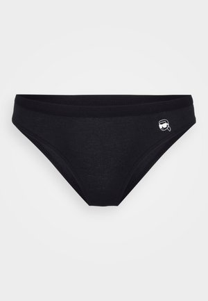 Parte inferiore di bikini nera realizzata in tessuto a coste. Presenta un dettaglio con logo sulla parte anteriore e un design a vita bassa con copertura media.