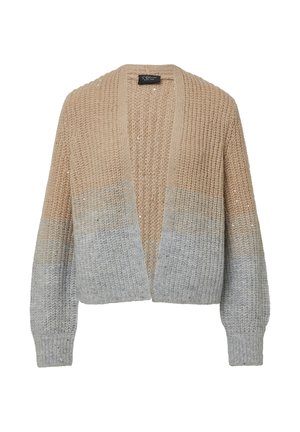 Chunky gebreide open voorkant cardigan met lange mouwen, beige bovenste helft en lichtgrijze onderste helft met subtiele glinsteringen.