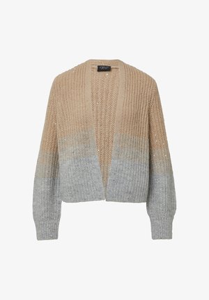 Cardigan aperto in maglia spessa con maniche lunghe, parte superiore beige e parte inferiore grigio chiaro con dettagli di brillantezza discreti.