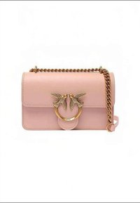 Roze leren crossbodytas met een gouden kettinghengsel, voorzien van een sierlijke vogelaccent en een ronde sluiting. Soepele textuur en compacte rechthoekige vorm.