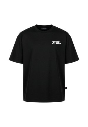 T-shirt nera a manica corta con scritta bianca "CRYSTAL" sul petto in alto a sinistra, scollo rotondo e una piccola etichetta con logo sulla cucitura laterale.