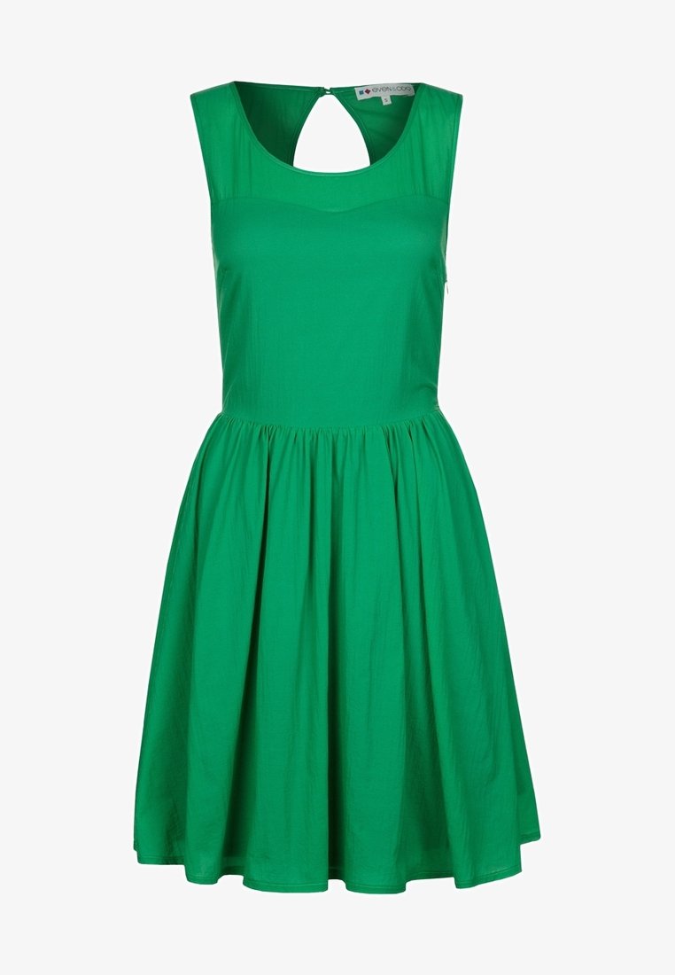 Robe verte sans manches avec un corsage ajusté, une jupe évasée et une découpe en forme de clé au dos. Fabriquée en tissu lisse et léger sans motifs.