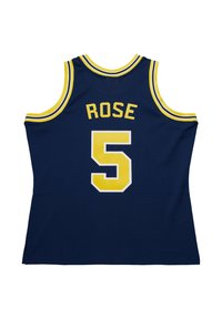 Blue sleeveless basketball jersey with yellow accents; features the name "ROSE" and number "5" printed on the back. Mesh texture.