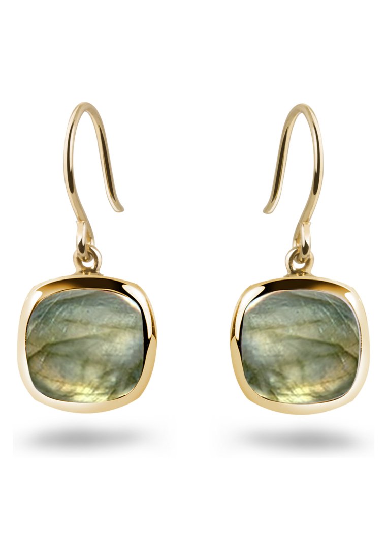 Orecchini in oro con pietre di labradorite quadrate. Le pietre presentano una lucentezza iridescente con tonalità verdi e grigie diverse. Design semplice con gancio.