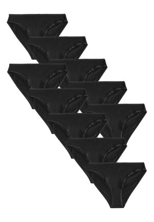 Dziesięć par czarnych bawełnianych damskich majtek bikini, każda z małą kokardką na środku pasa i elastycznym wykończeniem na brzegach.