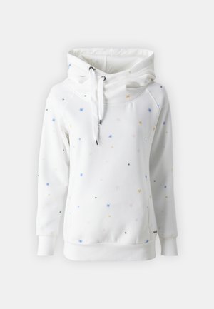 Biela mikina s mäkkou, štruktúrovanou tkaninou, s kapucňou na šnúrku a roztrúsenými viacfarebnými hviezdami v modrej, žltej a ružovej.