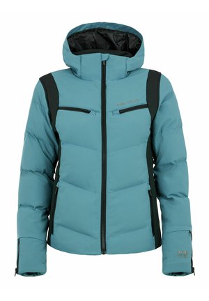 Teal pufjakke med sorte detaljer, lynlåslommer, hætte og quiltet tekstur. Fås i vandtæt materiale med en 20K rating.