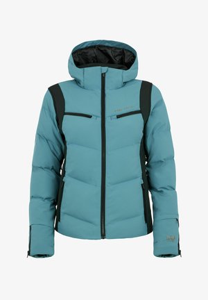 Teal pufjakke med sorte detaljer, lynlåslommer, hætte og quiltet tekstur. Fås i vandtæt materiale med en 20K rating.