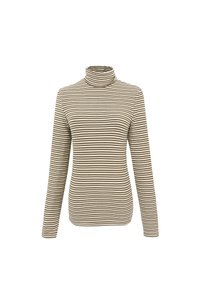 Gestreepte coltrui met lange mouwen. Gemaakt van zachte stof in beige en bruine strepen. Heeft een getailleerd ontwerp en een hoge hals.