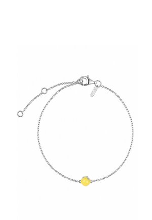 Delicate silver chain bracelet with a single small yellow bead and a lobster clasp closure with adjustable rings.