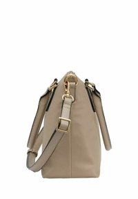 Borsa beige con un design strutturato, caratterizzata da accessori in oro, una tracolla staccabile e una superficie liscia. Dettagli neri lungo i bordi.