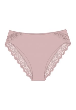 Culotte rose clair pour femmes avec des détails en dentelle sur les bords et un corps lisse et sans couture. Présente une coupe classique.
