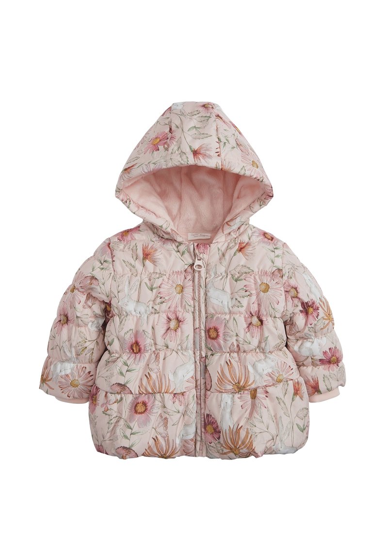 Veste matelassée rose pâle à fleurs avec capuche, ornée de fleurs pastel et de feuillage vert. Fermeture éclair, doublure intérieure douce et texture matelassée.