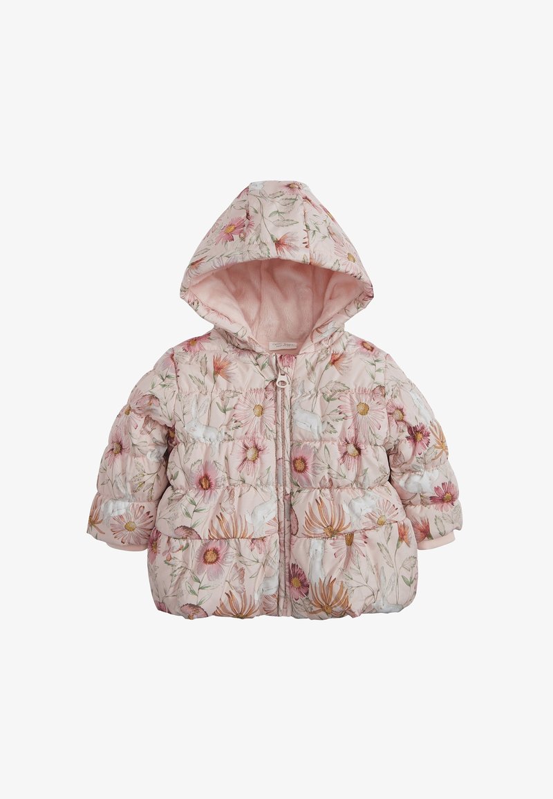 Veste matelassée rose pâle à fleurs avec capuche, ornée de fleurs pastel et de feuillage vert. Fermeture éclair, doublure intérieure douce et texture matelassée.