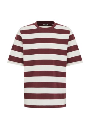 Rövid ujjú póló széles, vízszintes bordó és fehér csíkokkal, kerek nyakkivágással.