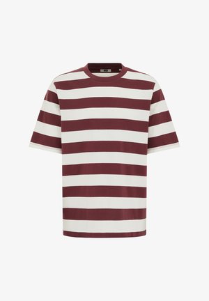 Koszulka z krótkim rękawem z szerokimi, poziomymi bordowymi i białymi paskami oraz okrągłym dekoltem.