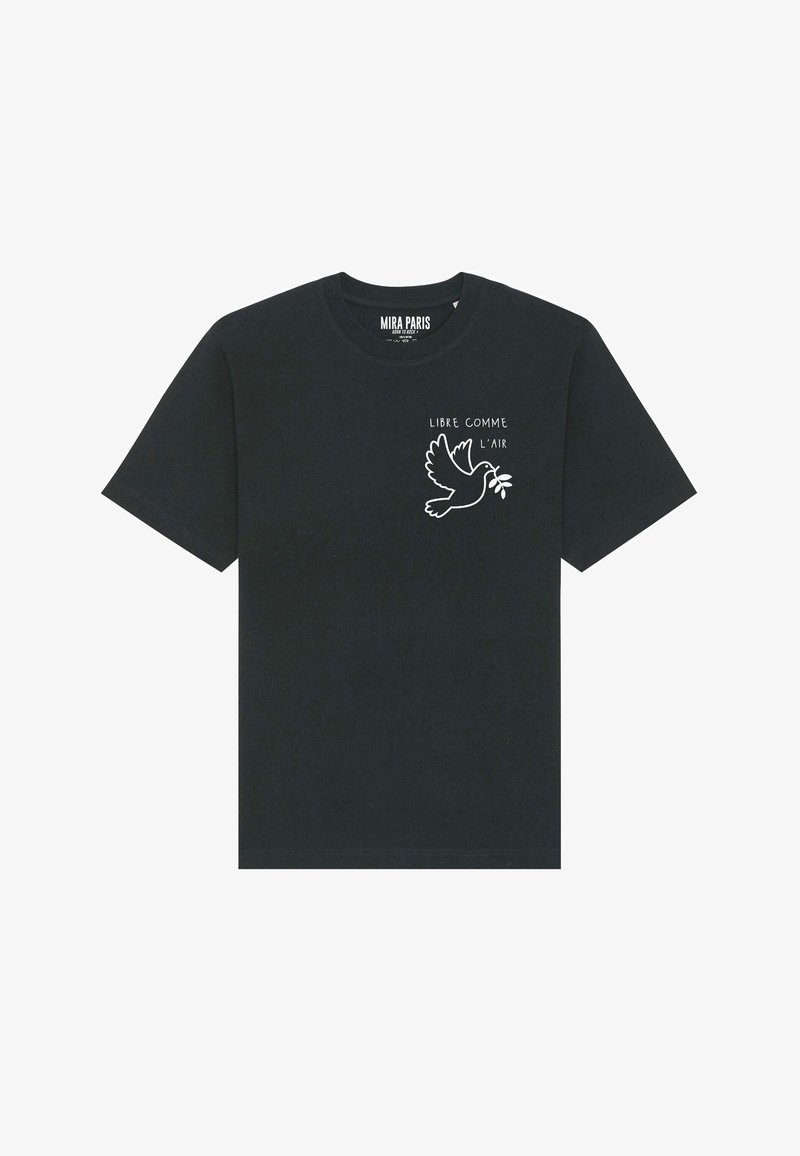 Juodas trumpas rankovėmis T-palaidinė, pagaminta iš medvilnės, su apvaliu iškirpimu. Yra balta grafika, vaizduojanti balandį, laikantį šakelę, ir tekstas "LIBRE COMME L'AIR."