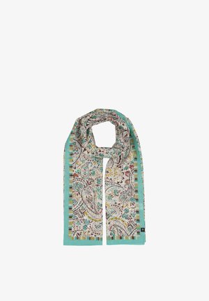 Light turquoise scarf with floral and paisley patterns in brown, yellow, and teal, bordered by multicolored stripes.