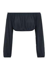 Svart blus med off-shoulder-design och långa, samlade ärmar samt en åtsittande midja, tillverkad av lättviktig tyg med en slät textur.