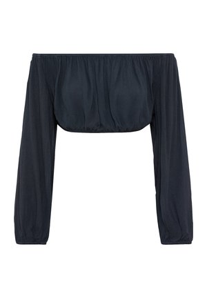 Blusa nera scollata sulle spalle con maniche lunghe arricciate e busto sagomato, realizzata in tessuto leggero con una superficie liscia.