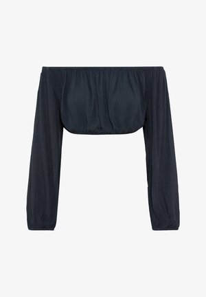 Črna bluzica brez naramnic z dolgimi nabranimi rokavi in cinčanim pasom, narejena iz lahkega materiala z gladko teksturo.