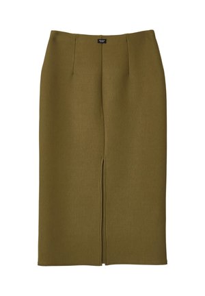 Gonna midi verde oliva realizzata in un tessuto testurizzato, caratterizzata da uno spacco frontale e due pieghe frontali. Progettata con una vita alta e una silhouette dritta.