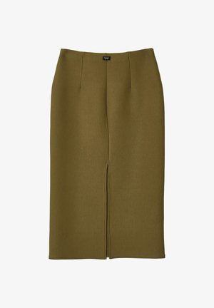 Gonna midi verde oliva realizzata in un tessuto testurizzato, caratterizzata da uno spacco frontale e due pieghe frontali. Progettata con una vita alta e una silhouette dritta.
