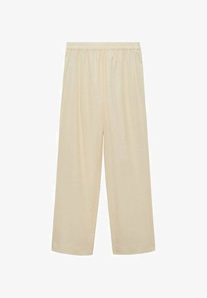 Béžové nohavice s širokými nohavicami vyrobené z ľahkej látky s elastickým pásom a bez viditeľných vreciek. Hladká textura a jednoduchý dizajn.