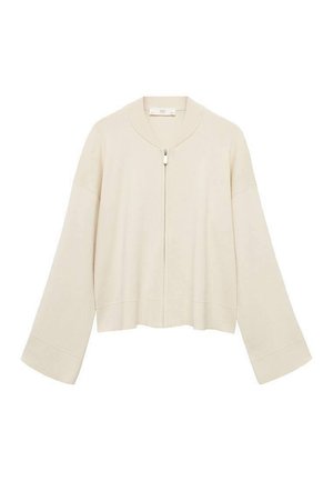 Roomkleurige, cropped cardigan met een ritssluiting, brede mouwen en geribde details langs de randen. Zacht gebreid materiaal.