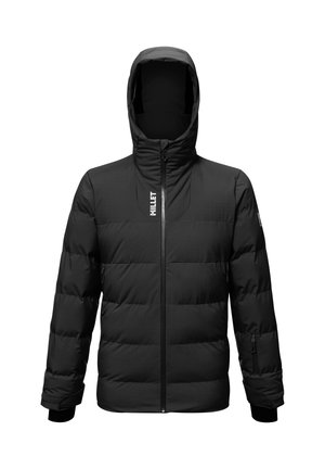 Schwarze Daunenjacke mit hohem Kragen und Kapuze. Verfügt über Reißverschlusstaschen und elastische Bündchen. Glatte Textur mit genähten Einsätzen.