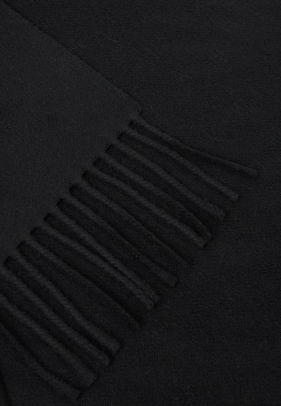 Écharpe en laine noire avec une texture douce et des franges espacées régulièrement le long d'un bord.