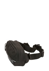 Bolso de cintura negro hecho de un tejido resistente, con dos compartimentos con cremallera, correa ajustable y un discreto detalle del logo en la parte delantera.