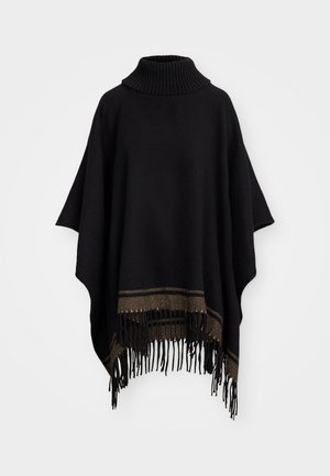 Schwarzer gestrickter Poncho mit hohem, geripptem Rollkragen, der ein strukturiertes Design und eine goldene Akzentbordüre mit Fransen am Saum aufweist.