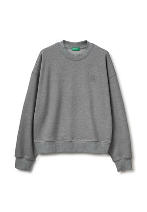 Grauer Pullover mit rundem Halsausschnitt, überschnittenen Schultern und gerippten Bündchen. Mit kleinem Logo auf der Brust und strukturiertem Stoff.