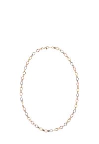 Kette aus Gold, Silber und Roségold, bestehend aus verbundenen ovalen und kreisförmigen Formen, mit einer strukturierten Oberfläche und einem Verschluss.