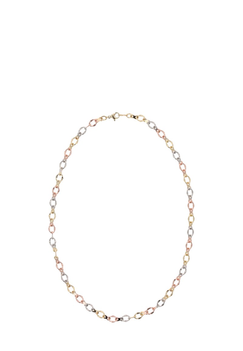 Kette aus Gold, Silber und Roségold, bestehend aus verbundenen ovalen und kreisförmigen Formen, mit einer strukturierten Oberfläche und einem Verschluss.
